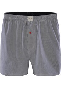 Modré a bílé pruhované bavlněné boxerky s červeným knoflíkem, elastickým pasem a funkčním předním rozparkem.