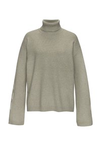 Hellgrauer gestrickter Rollkragenpullover mit lockerer Passform, ausgestattet mit gerippten Bündchen und Saum sowie einem dezenten Logo-Detail am linken Ärmel.