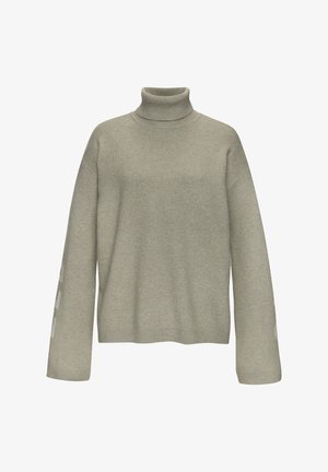 Hellgrauer gestrickter Rollkragenpullover mit lockerer Passform, ausgestattet mit gerippten Bündchen und Saum sowie einem dezenten Logo-Detail am linken Ärmel.