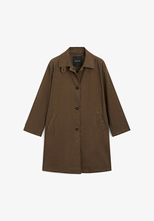 Brown, mid-length coat featuring a collar, front buttons, and side pockets. Made of textured fabric with a relaxed fit.