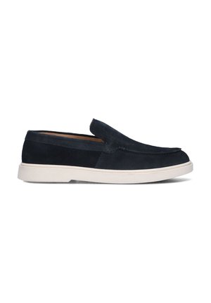Navy suede slip-on shoes with a rounded toe and a contrasting white rubber sole, featuring minimal stitching and a smooth texture.