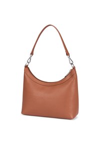 Braune Leder-Schultertasche mit strukturiertem Finish, abgerundetem oberen Teil, einem einzigen Tragegurt und Metallbeschlägen. Elegantes, minimalistisches Design.