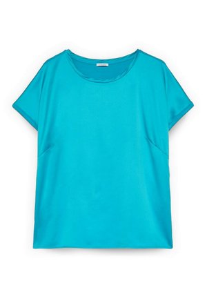 Helles türkisfarbenes Kurzarmhemd mit rundem Ausschnitt und lockerem Schnitt, vor weißem Hintergrund präsentiert.
