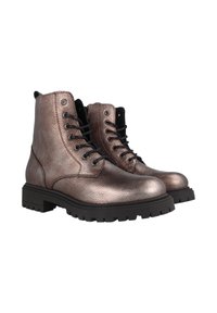 Botas de tobillo de bronce metálico con parte superior de cuero texturizado, cordones negros y suelas de goma resistentes que cuentan con un patrón de relieve.