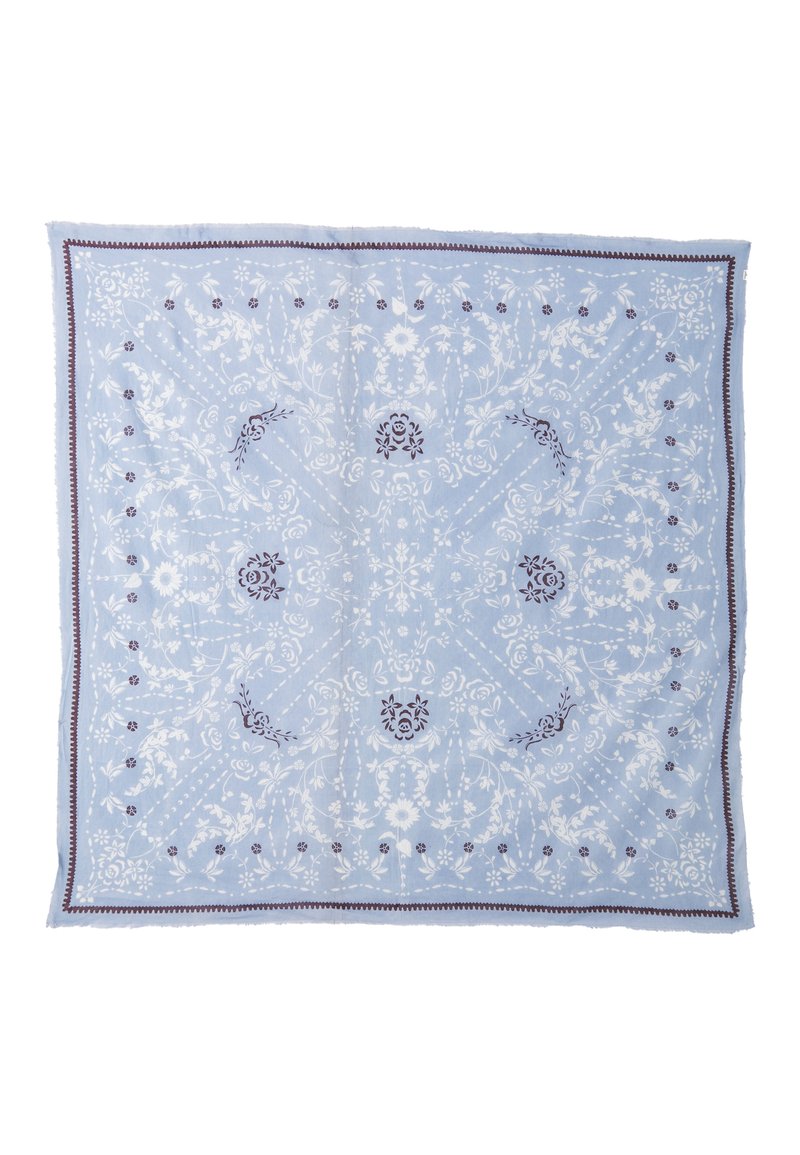 Light blue square scarf featuring floral and paisley patterns in white and deep purple. Edged in a delicate purple border. Soft texture.