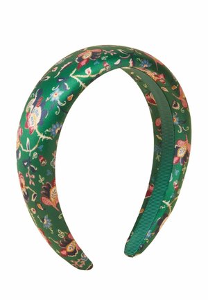 Green padded headband with colorful floral patterns and a smooth fabric finish.