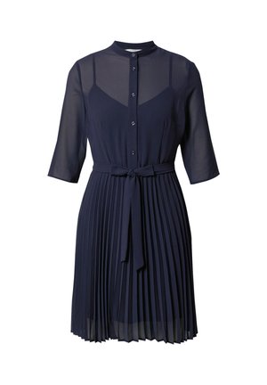 Granatowa sukienka z przezroczystymi krótkimi rękawami, zapinana na guziki z przodu, plisowaną spódnicą, wiązaniem w talii i dopasowanym gorsetem z warstwą na cienkich ramiączkach.