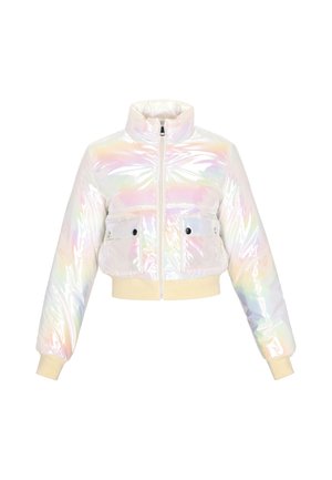 Giacca puffer accorciata iridescente con colletto alto, zip anteriore, due tasche frontali e polsini e orlo a coste in tonalità pastello.