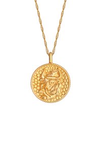Pendant d'oro su una catena attorcigliata, caratterizzato da un design circolare testurizzato con un motivo di toro, dettagliato con scanalature e riflessi lisci.