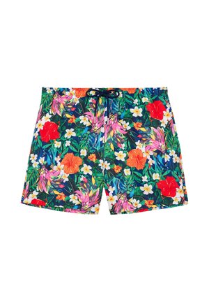 Miesten uimashortsit, joissa on värikkäitä trooppisia kukka- ja lintusulkuja, musta nyörivyötärö ja valkoinen tausta.