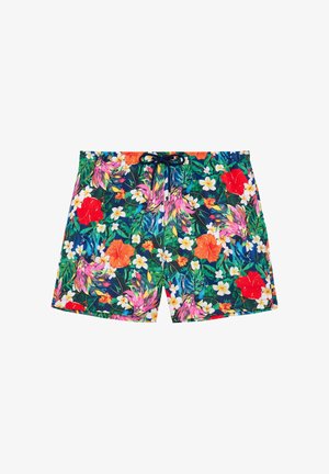 Miesten uimashortsit, joissa on värikkäitä trooppisia kukka- ja lintusulkuja, musta nyörivyötärö ja valkoinen tausta.