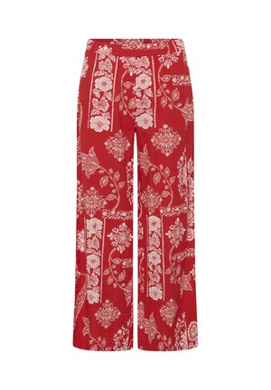 Sarkanas plašas bikses ar baltu ziedu un ģeometriskiem rakstiem, ar elastīgu jostu un brīvu piegriezumu.