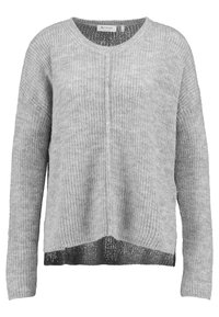 Jasnoszary sweter z dzianiny z długimi rękawami, o luźnym kroju, okrągłym dekolcie i teksturowanym ściegiem. Szczególne przezroczyste akcenty na brzegu.