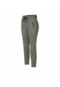 Schwarz-weiße gemusterte tapered Hose mit einem elastischen Bund, Kordelzug und zwei seitlichen Reißverschlusstaschen; weiche Stoffstruktur.