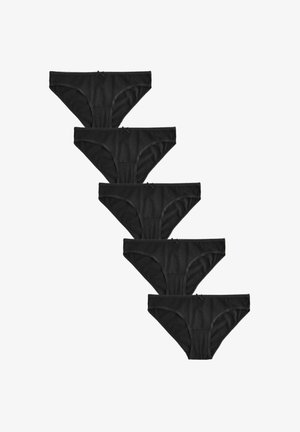 Ensemble de lingerie en coton noir, comprenant un design taille basse, une texture lisse et un petit noeud décoratif sur la ceinture. Cinq pièces exposées.