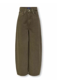 Oliven grønne brede bukser i robust bomuldsstof. Har høj talje, forlommer og en knaplukning med et klassisk denim-look.