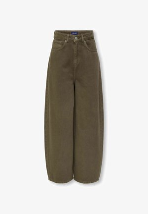 Olive green wide-leg pants in sturdy cotton fabric. Features a high waist, front pockets, and a button closure with a classic denim look.