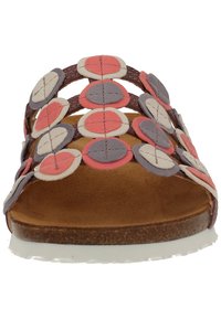 Multicolored sandal featuring a circular cut-out design with pink, grey, and cream accents. Soft leather straps and a natural footbed.