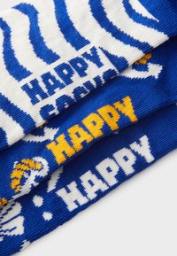 Blue and white striped socks with bold yellow and white text saying "HAPPY." Knitted texture with varied designs across each sock section.
