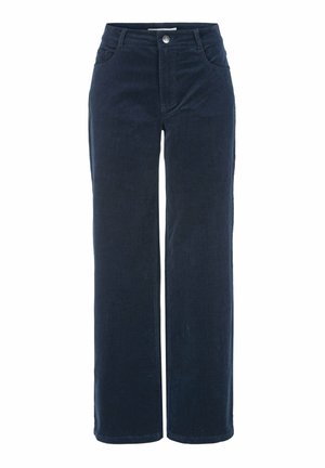 Sotapuvu navy blue -väriset, leveälahkeiset housut, joissa on pehmeä kangas, etnappi kiinnitys, kaksi sivutaskua ja sileä rakenne.