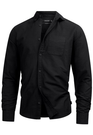 Black button-up shirt made of cotton, featuring a chest pocket, a pointed collar, long sleeves, and a straight hem. Smooth texture with no patterns.