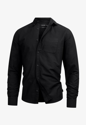Sort knap-up skjorte lavet af bomuld, med en brystlomme, spidse kraver, lange ærmer og lige kant. Glat tekstur uden mønstre.