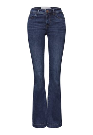 Jean évasé taille haute bleu foncé avec fermeture à boutons et fermeture éclair à l'avant, poches avant et passants pour ceinture.