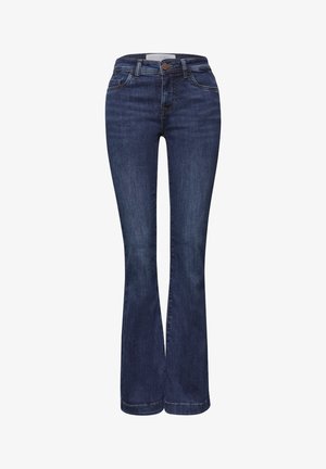 Jean évasé taille haute bleu foncé avec fermeture à boutons et fermeture éclair à l'avant, poches avant et passants pour ceinture.