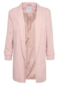 Světle růžový přizpůsobený blejzr s otevřeným předním dílem, dlouhými rukávy mírně ohrnutými na manžetách a hladkým saténovým podšívkou.