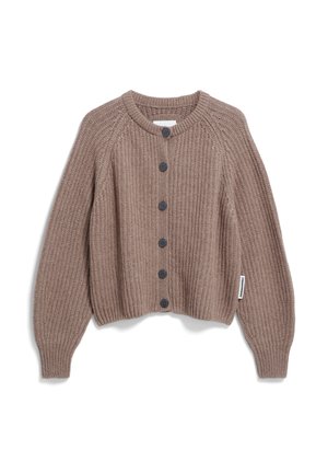 Brauner, gestrickter Cardigan mit gerippter Textur, rundem Ausschnitt und fünf dunklen Knöpfen entlang der Vorderseite. Lange, puffige Ärmel.