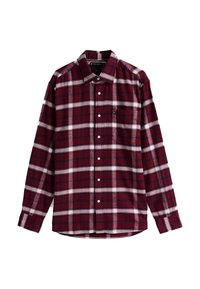 Camicia a maniche lunghe a quadri rossi e navy con colletto button-down, dotata di taschino sul petto e bottoni bianchi su materiale flanella testurizzato.