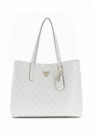 Sac cabas blanc Guess avec double bretelles, motif logo subtil et petite étiquette suspendue près des bretelles.