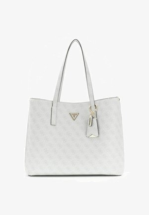 Sac cabas blanc Guess avec double bretelles, motif logo subtil et petite étiquette suspendue près des bretelles.