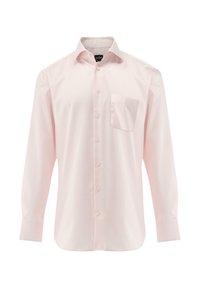 Hemd in hellrosa aus strukturiertem Stoff, mit einer Tasche auf der linken Seite, klassischem Kragen und langen Ärmeln.