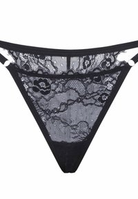 String en dentelle noire avec motifs floraux, panneaux en maille transparente et côtés élastiques. Orné de détails décoratifs en métal à la taille.