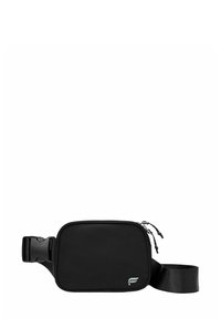 Schwarze Hüfttasche mit verstellbarem Tragegurt, Doppelreißverschluss und kleinem Logo auf der Vorderseite, entworfen für freihändiges Tragen.