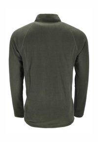 Mørkegrøn fleece-pullover med høj krave, lange ærmer og flade syninger. Blød tekstur, designet til varme og komfort.