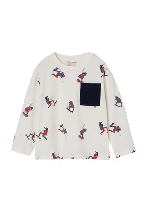 Langärmliges T-Shirt mit cremefarbenem Grund, das farbenfrohe Skateboard-Illustrationen zeigt. Enthält eine dunkelnavy Brusttasche. Leichtes Baumwollmaterial.