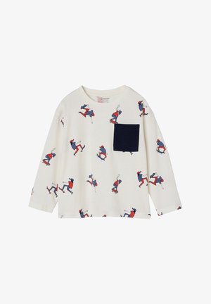Long-sleeve T-shirt with cream base, featuring colorful skateboarding illustrations. Includes a dark navy chest pocket. Lightweight cotton material.