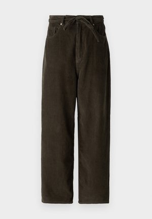 Dark green corduroy pants with a wide leg, a drawstring waistband, two front pockets, and a soft, textured fabric.