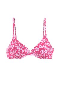 Rosa bh mit Blumenmuster und weißen Blumen, dünnen verstellbaren Trägern, gewelltem Rand, weichem Material und einem Dreieck-Cup-Design.