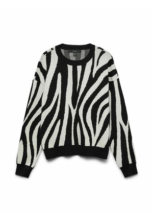 Pull en tricot présente à rayures zèbre noir et blanc, avec un col rond et des poignets côtelés. Il comporte un motif graphique audacieux sur tout le tissu.