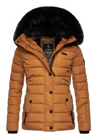 Oranje pufferjack met een zwarte nep bontkap, ritszakken aan de zijkant en knoopsluitingen. Geweven quilted ontwerp en geborduurde branding.