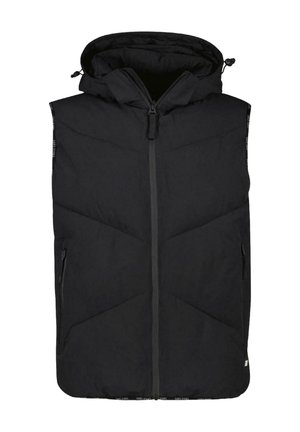 Zwarte mouwloze puffer vest met een capuchon, voorzien van een volle rits, een diagonale gestikte patroon en zijzakken met rits.