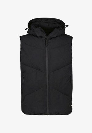Zwarte mouwloze puffer vest met een capuchon, voorzien van een volle rits, een diagonale gestikte patroon en zijzakken met rits.