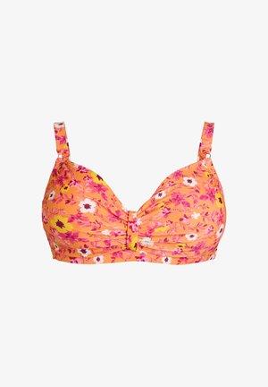 Kukka-aiheinen bikiniyläosa kirkkaan oranssina, jossa on vaaleanpunaisia ja valkoisia kukkakuvioita. Topatut kupit, etuosassa kierreporttimekanismi ja säädettävät olkaimet.