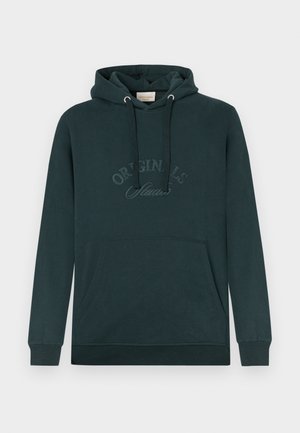 Dark green hoodie with a front pocket, adjustable drawstring hood, and embossed "Originals" text at the chest. Soft fabric, ribbed cuffs.