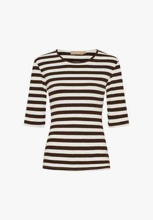 Brun og hvid stribet kortærmet top med rund halsudskæring og ribbet tekstur, der har en tætsiddende pasform og kontrastkanter.