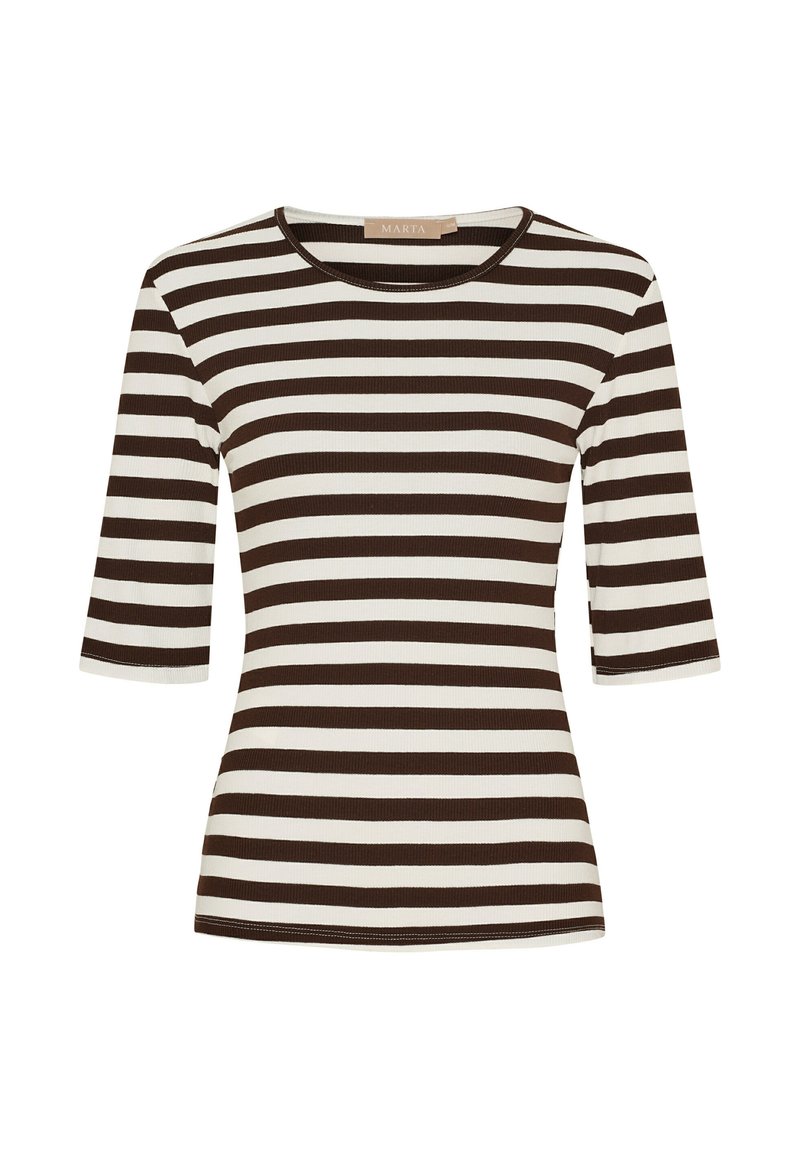 Brun og hvid stribet kortærmet top med rund halsudskæring og ribbet tekstur, der har en tætsiddende pasform og kontrastkanter.