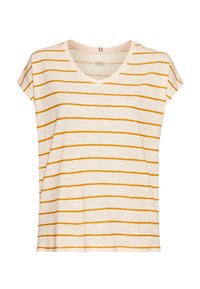 Gestreepte T-shirt met een V-hals, voorzien van witte en gele horizontale strepen. Zachte stof, korte mouwen en een losse pasvorm.